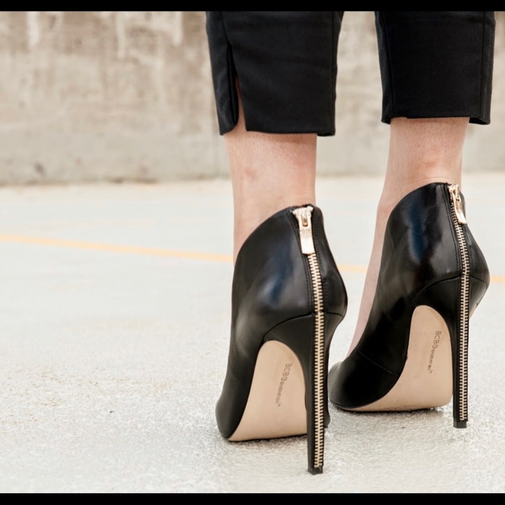 BCBGeneration 7.5 black leather heels with zipper
